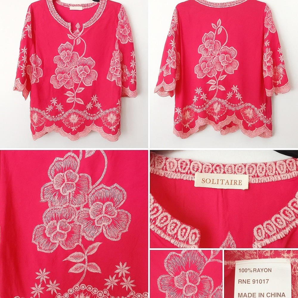 Solitaire Floral Embroidered Top Shirt Women L Scalloped Hem Coral Boho Peasant